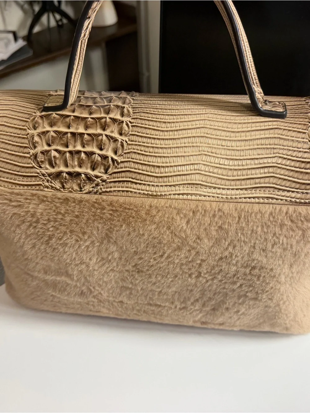 Beige Textured Top-Handle Satchel with Matching Wallet